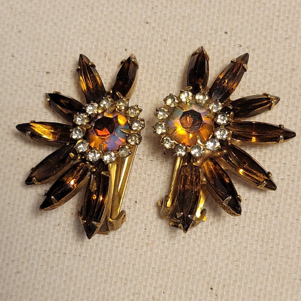 Vintage Root Beer Crystal Rhinestone Clip- On Earrings